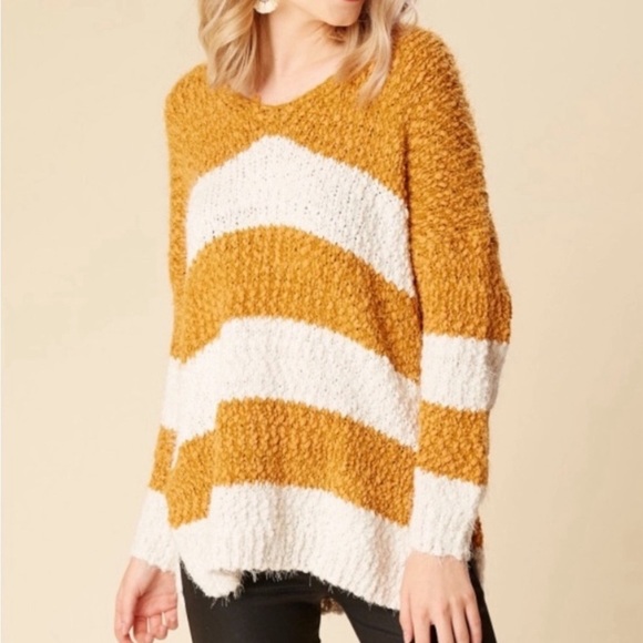 Altar’d State Mustard White Stripe Eyelash Sweater S/M - Picture 1 of 6